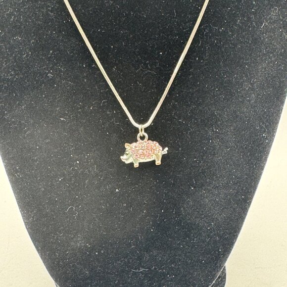 Silver Pig Pendant Necklace Pink Crystal Rhinestones Adjustable Gift - Picture 3 of 4
